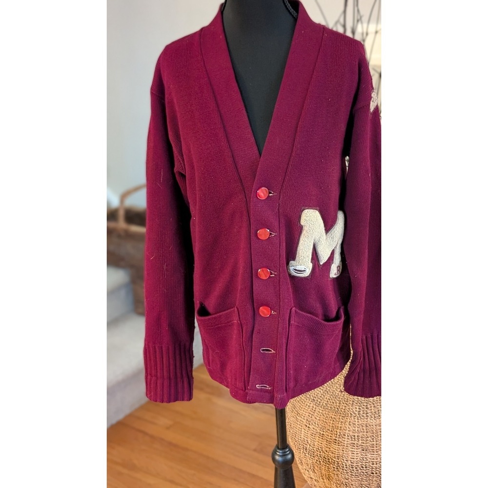 Vintage Maroon Letterman Cardigan Sweater w/ Chenille "M" Patch Varsity Size M/L
